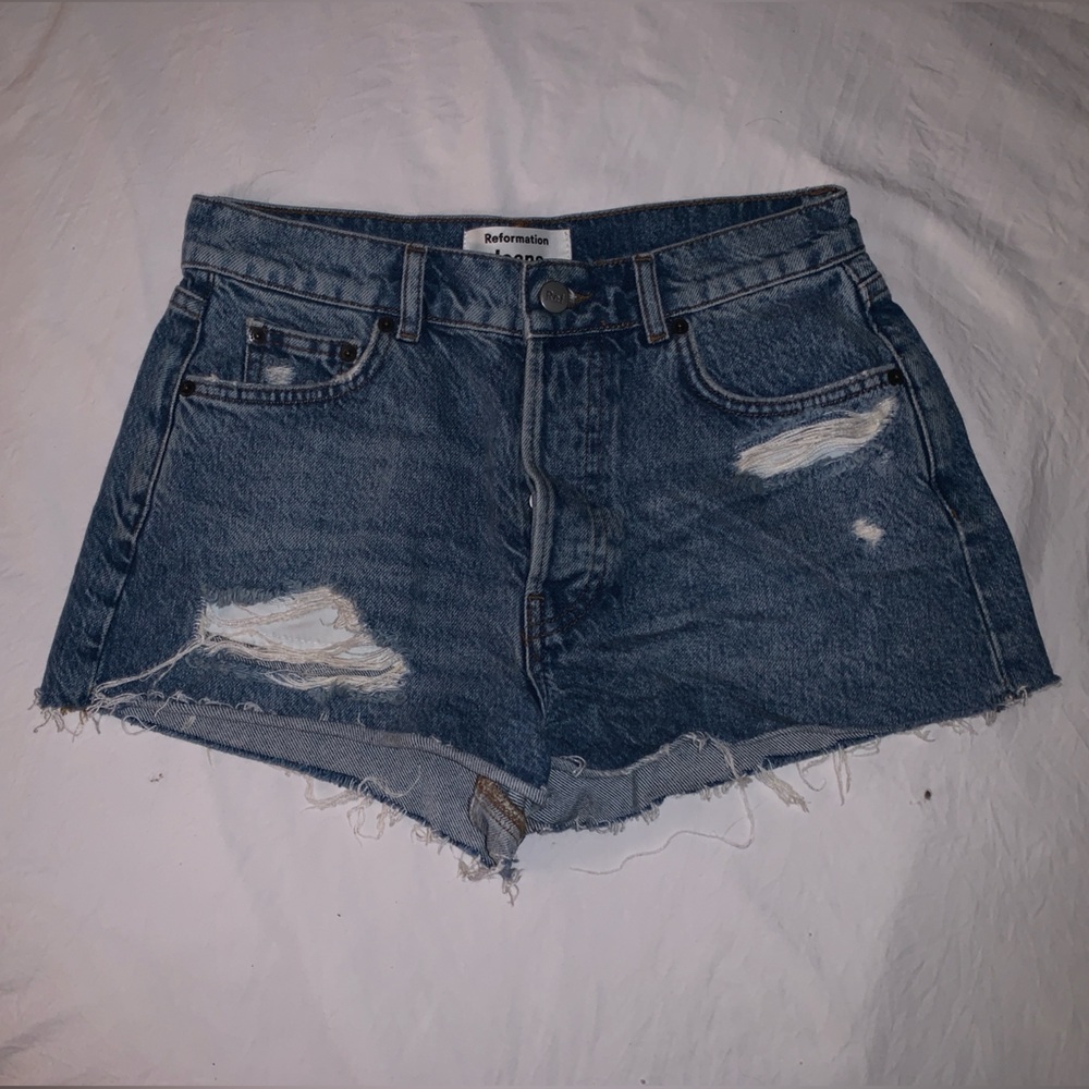 Reformation Distressed Blue Jean Shorts